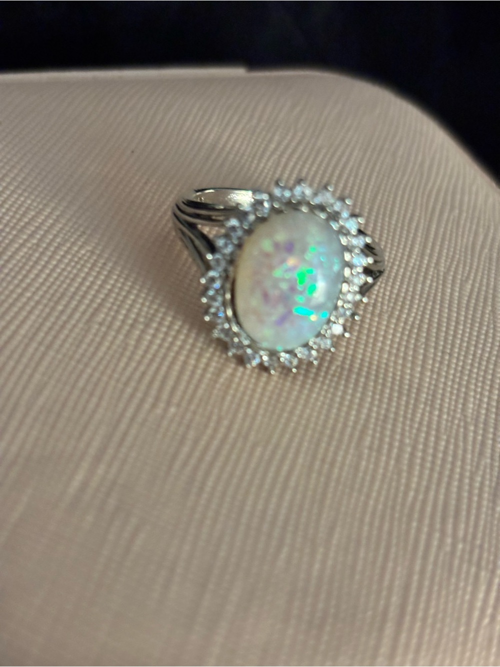 Sterling Silver Opal Halo Ring - White Opalescent Center